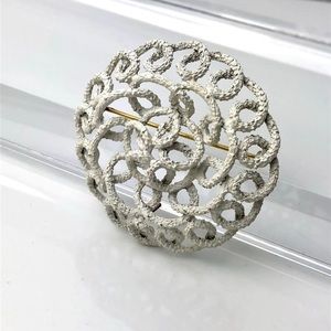 Signed CROWN TRIFARI White Enamel Filigree Cut Out Medallion Brooch VTG